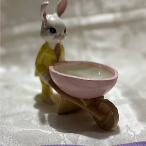 Vintage Charming Bunny Figurine with Pink Wheelbarrow
